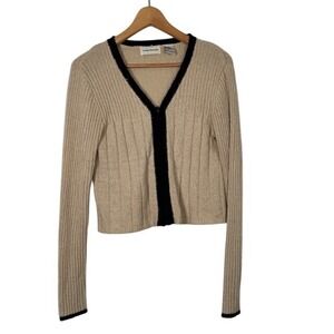 Vintage Sixty Two East Beige Silk Blend Ribbed Knit Cardigan with Black Trim - L